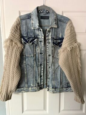Blank NYC Cozy Denim Jacket with Knit Sleeves 
Size Medium